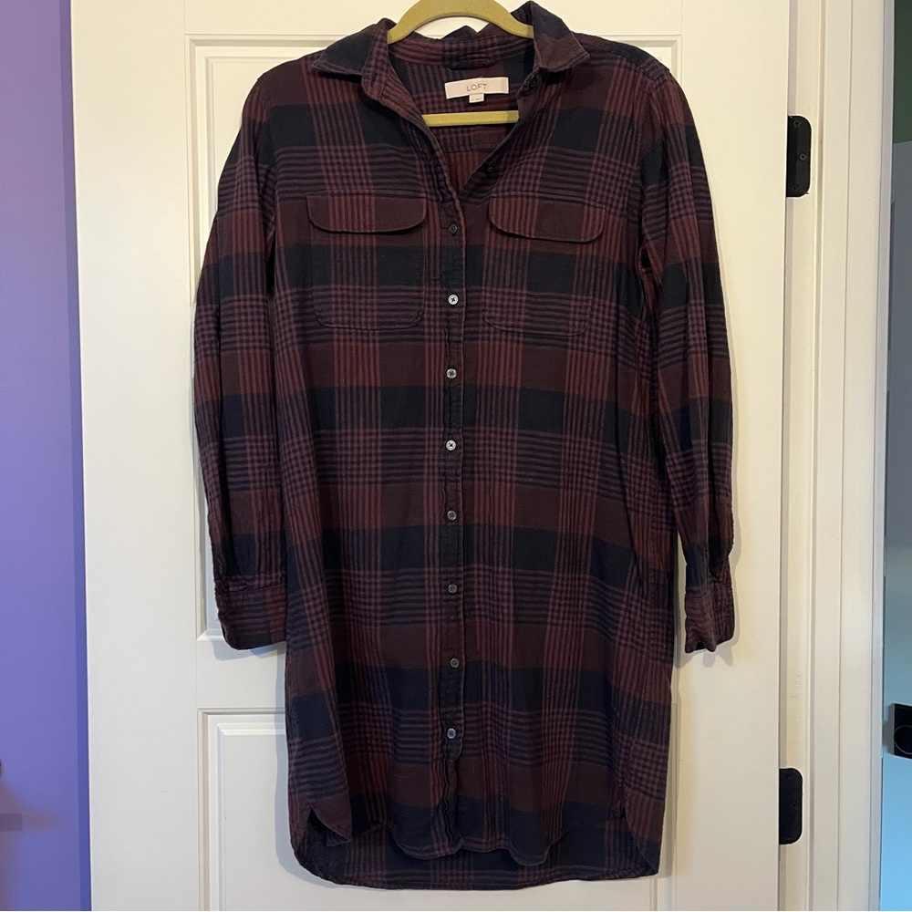 LOFT 100% cotton Burgundy and Black Plaid Button-Up Shirt Dress